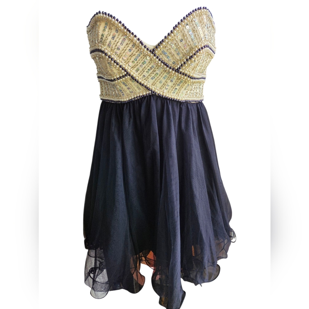 Blondie Nites Cream Navy Stacy Sklar Strapless Dress Beaded Sequins Tulle Size 3